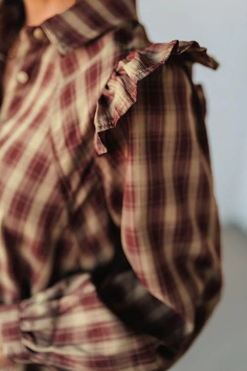 Plaid Ruffle Shoulder Contrast Flounce Hem Shirt Mini Dress